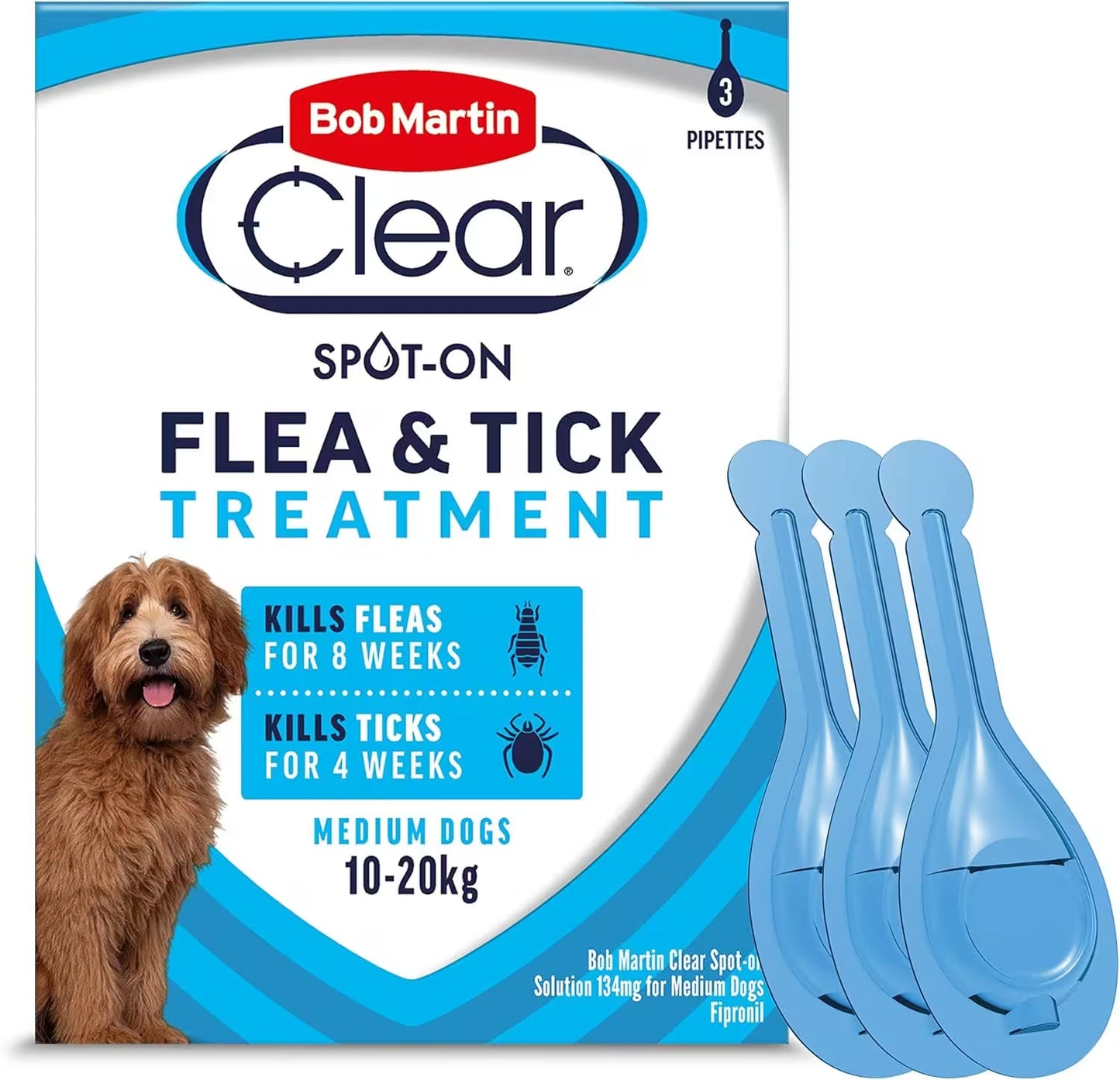 Bob Martin Clear Spot On Flea Treatment for Medium Dogs 10–20kg – 3 Pipettes