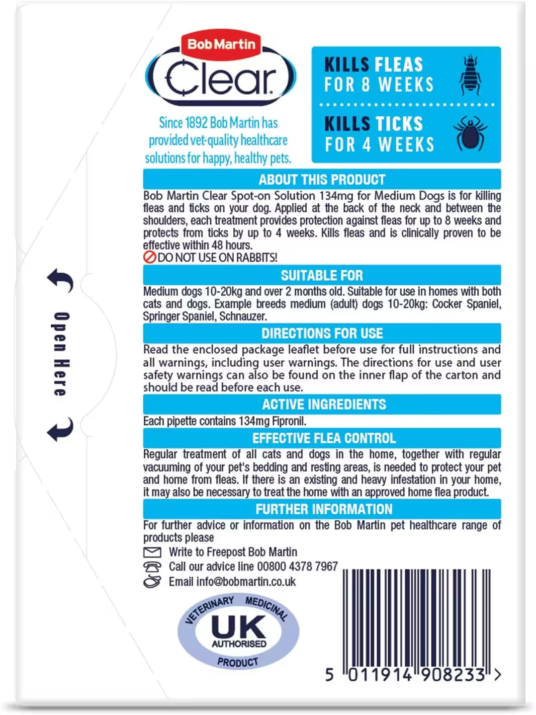 Bob Martin Clear Spot On Flea Treatment for Medium Dogs 10–20kg – 3 Pipettes