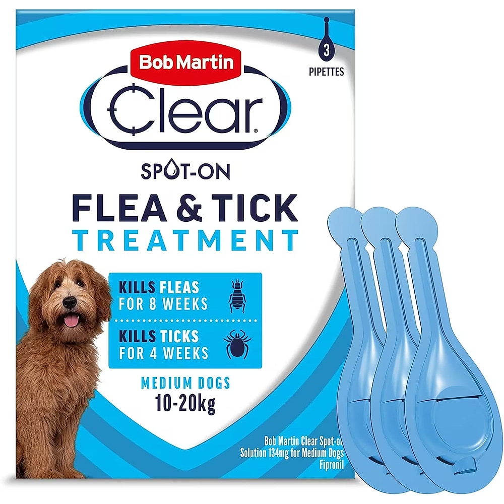 Bob Martin Clear Spot On Flea Treatment for Medium Dogs 10–20kg – 3 Pipettes