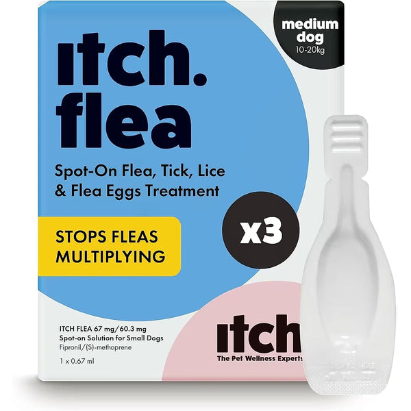 Itch Flea & Tick Spot-On Treatment for Medium Dogs 10–20kg – 3 Pipettes